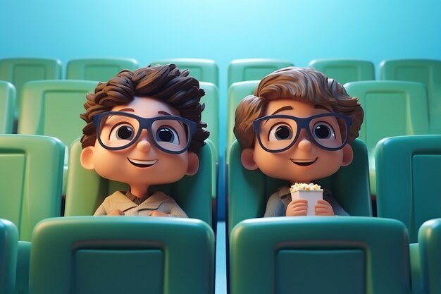 映画館で映画を見ている子供たちの3Dビュー