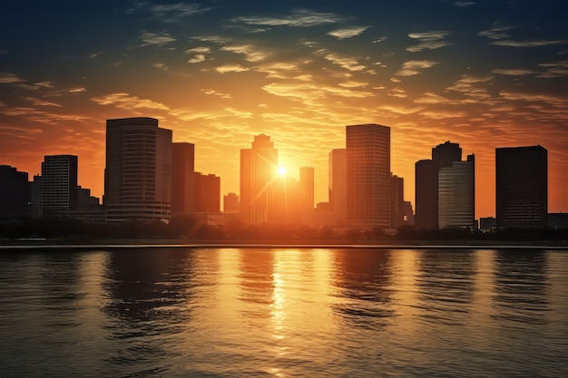Бесплатное фото 3d вид солнца на небе с городским горизонтом