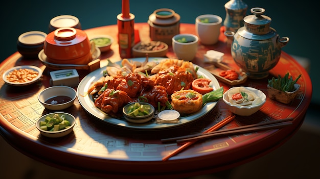 3d view of reunion dinner food for chinese new year celebration