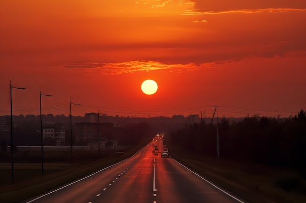 Free photo 3d view of sun on sky with car road