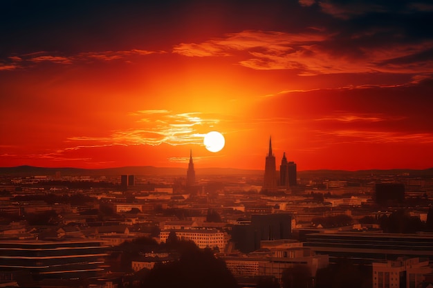 Foto gratuita vista 3d del sole sul cielo con l'orizzonte della città