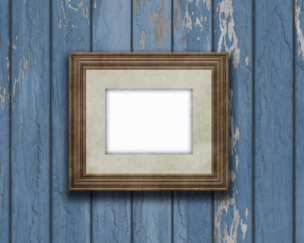 3D vintage blank picture frame on an old wooden wall