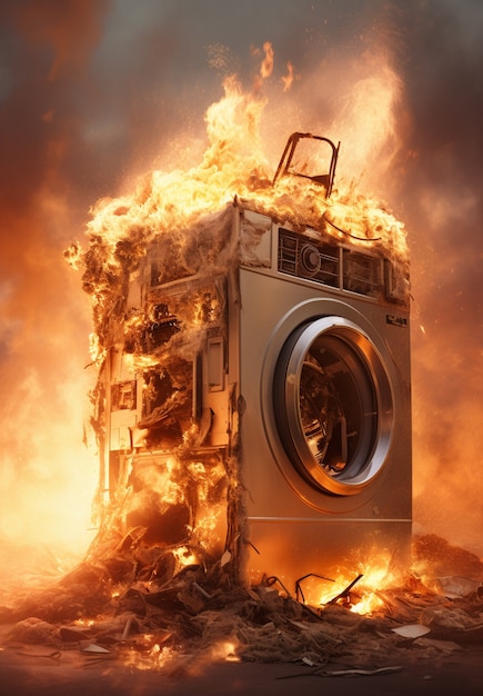 Free photo 3d washing machine on fire with flames