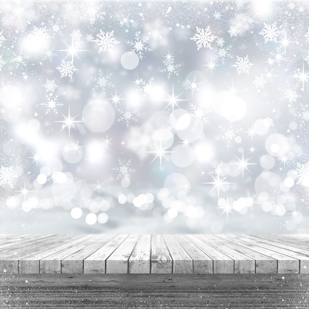 3D white wooden table looking out to a Christmas background