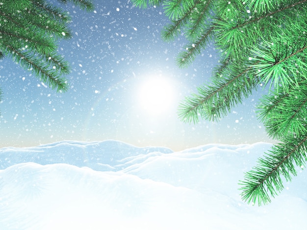 3D winter landscape with Christmas tree branches