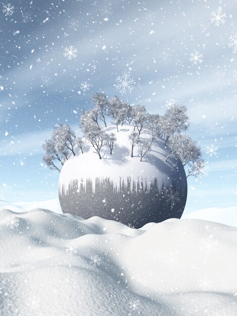 3D winter landscape with snowy globe nestled in snow