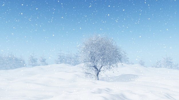 3d winter landscape with snowy tree