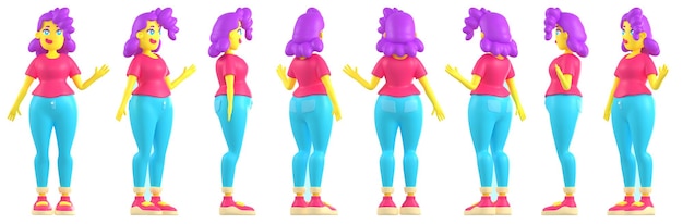 さまざまな角度から見た 3 d の女性キャラクター