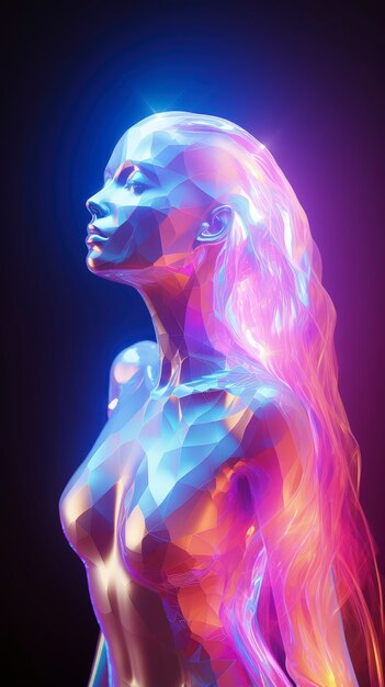 3D 女性の形状が輝くホログラフィックな色で輝いています