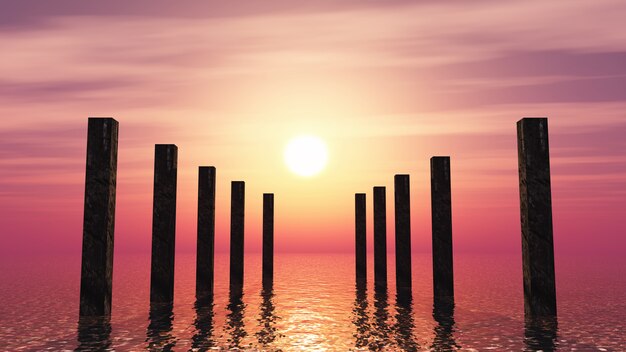 3D wooden posts in the ocean against a sunset sky