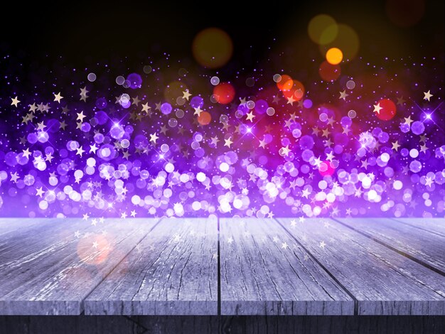 3D wooden table against Christmas background of bokeh lights and stars