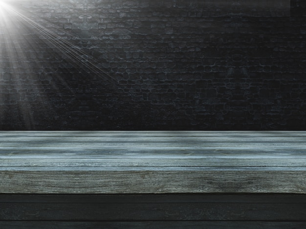 Foto gratuita tavola di legno 3d contro un vecchio muro di mattoni del grunge con il riflettore che splende