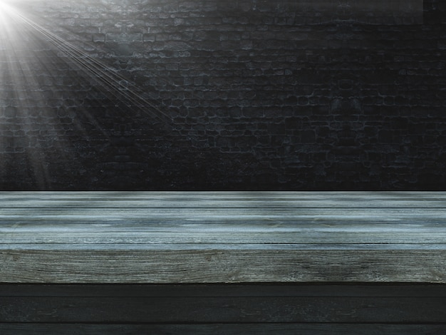 3D wooden table against an old grunge brick wall with spotlight shining