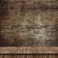 Free photo 3d wooden table and grunge brick wall