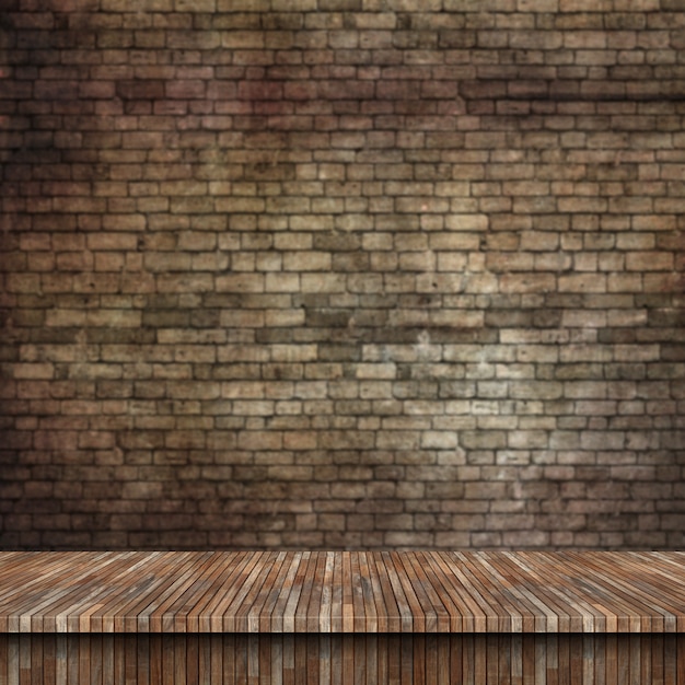 3D wooden table and grunge brick wall
