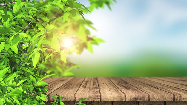 3D wooden table and leaves against a defocused landscape