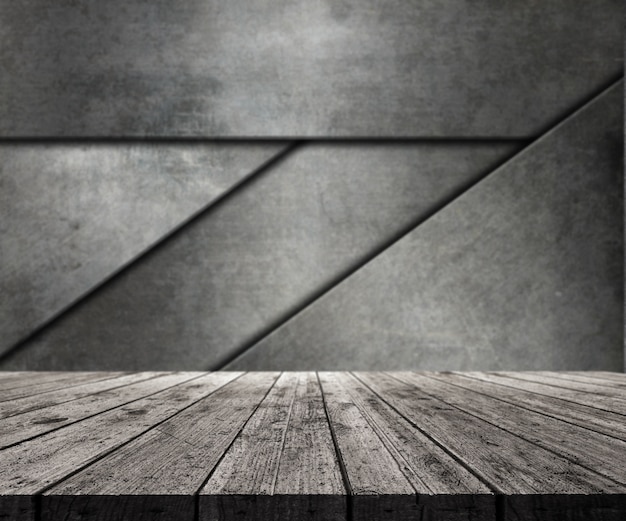 3D wooden table looking out to abstract metal wall