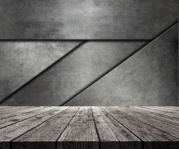 3D wooden table looking out to abstract metal wall