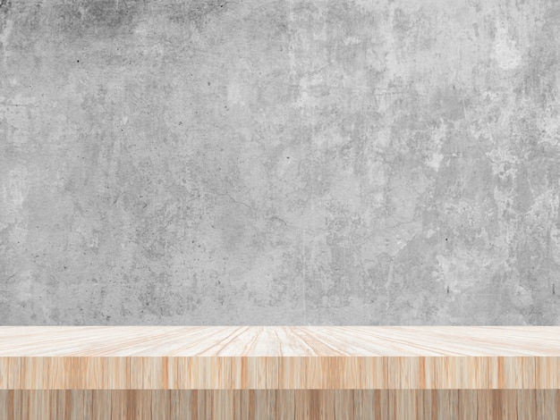 Free photo 3d wooden table looking out to a blank concrete wall