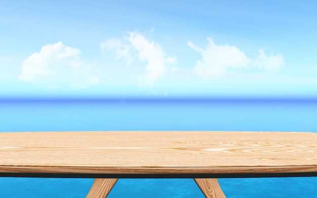3D деревянный стол с видом на синий пейзаж океана фоне, презентация продукта