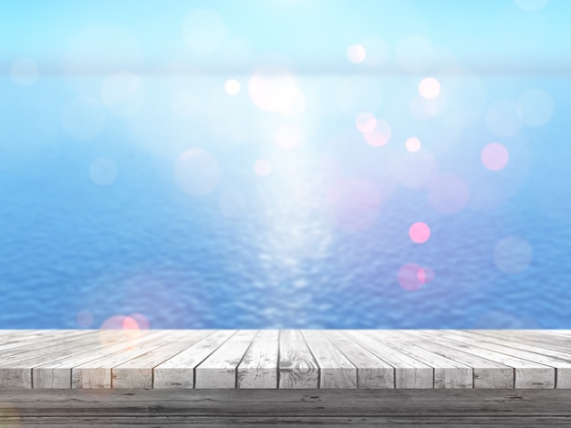 3D wooden table looking out to a blue ocean