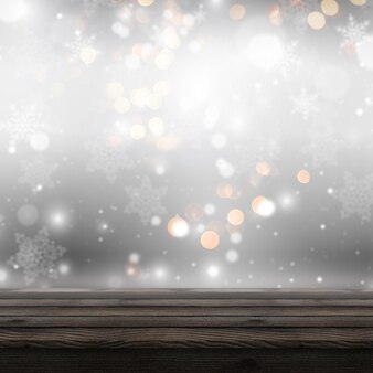 3d wooden table looking out to a defocussed christmas background