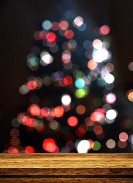 3D wooden table looking out to a defocussed Christmas tree