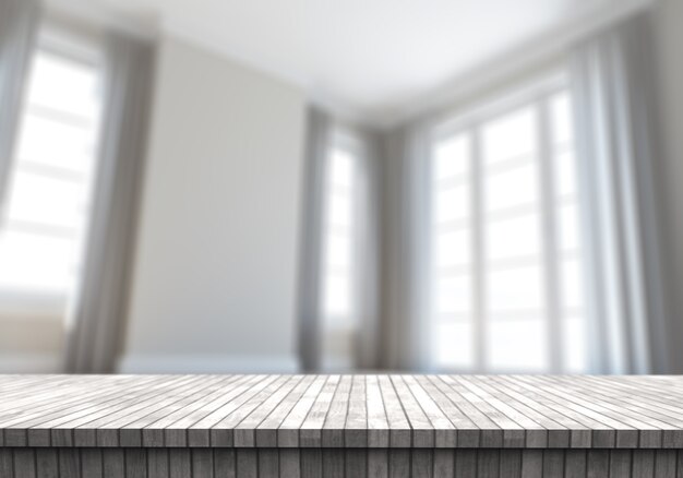 3D wooden table looking out to a defocussed contemporary empty room