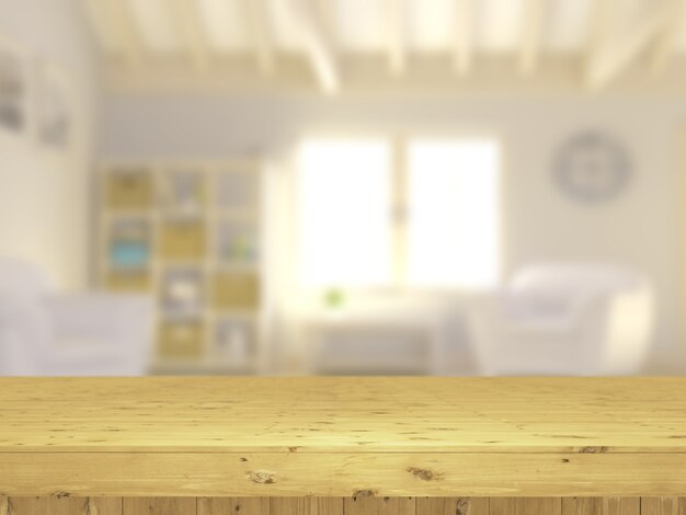 3D wooden table looking out to a defocussed lounge interior
