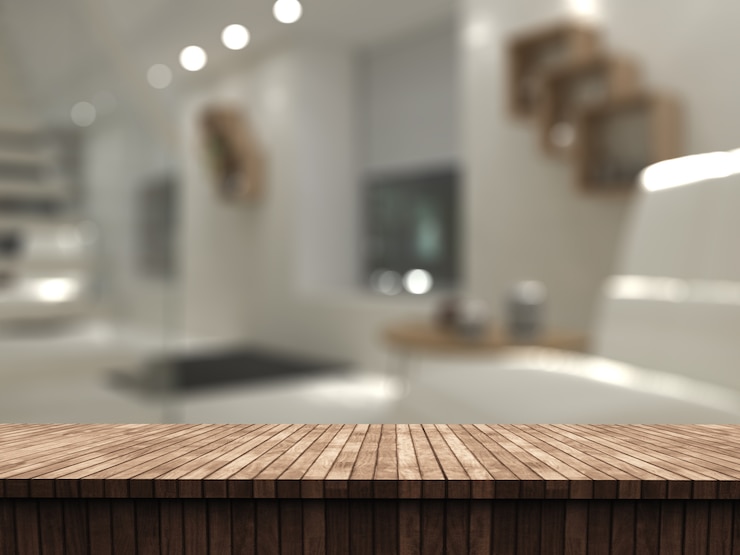 無料Photo 3d木製のテーブルdefocussedルームのインテリアを探して