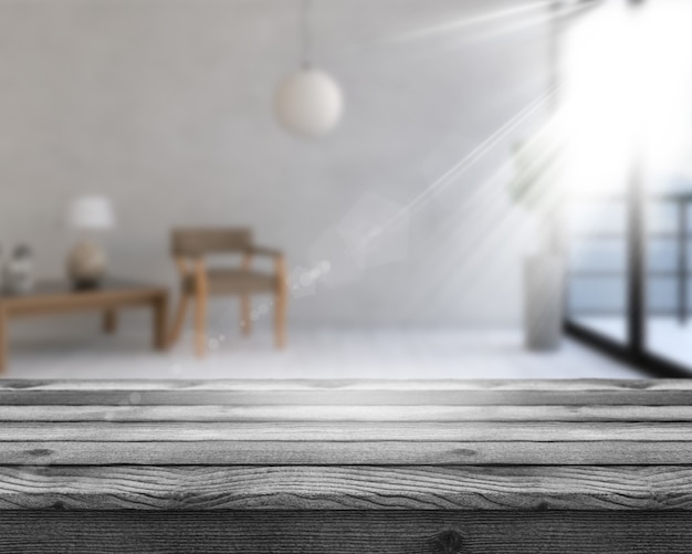 3D wooden table looking out to a defocussed room interior