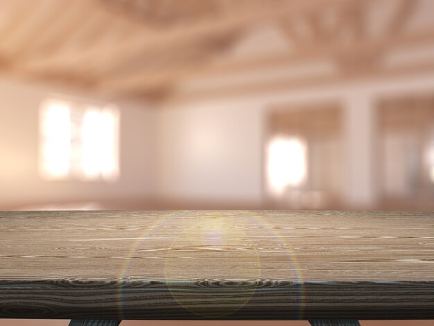 3D wooden table looking out to an empty room