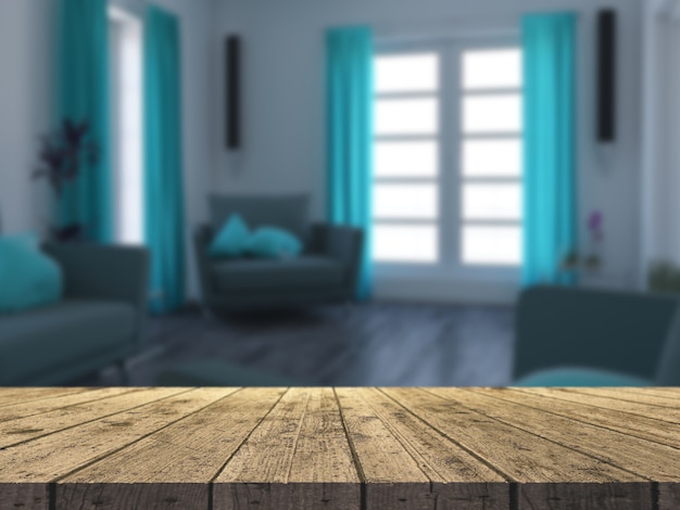 3D wooden table looking out to a lounge interior