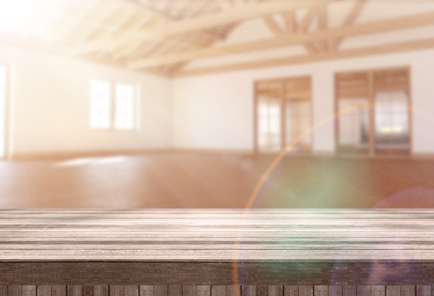 Free photo 3d wooden table looking out to a modern empty room with sun shining through the window