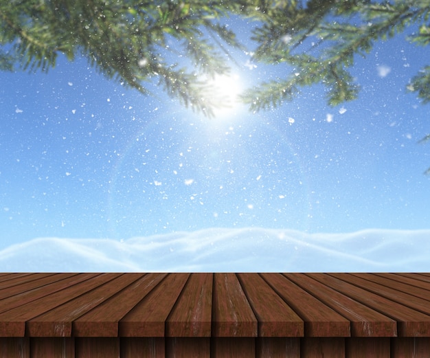 3D wooden table looking out to a snowy landscape