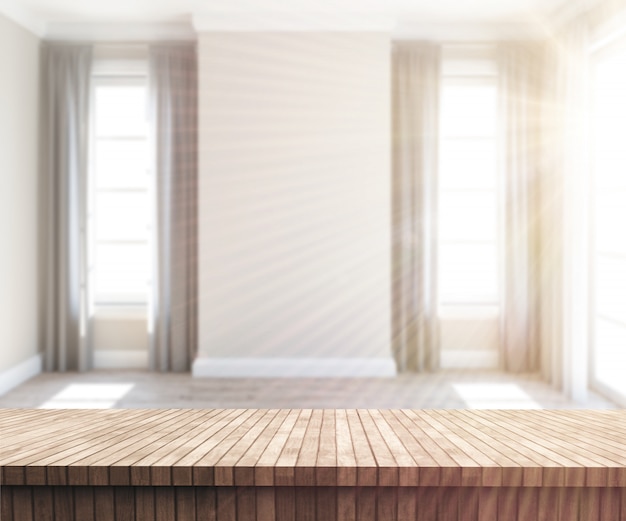 3D wooden table looking out to a sunny empty room