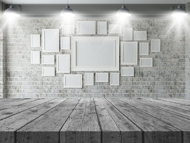 Free photo 3d wooden table looking out to a wall of blank picture frames