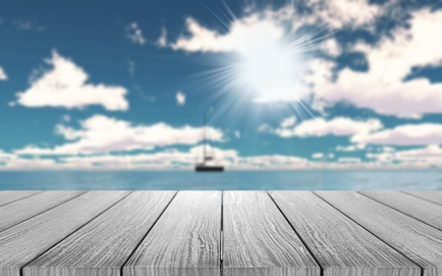 Free photo 3d wooden table looking out to a yacht on the ocean