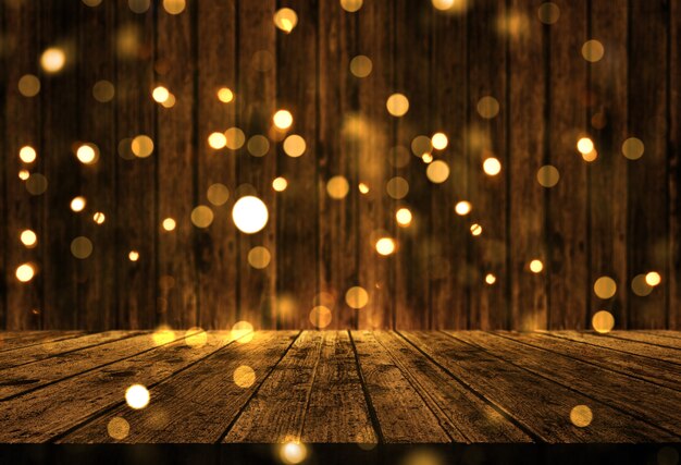 3D wooden table with Christmas bokeh lights