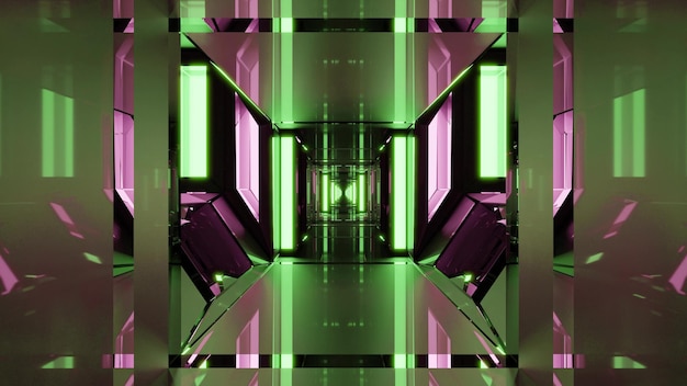 4k uhd 3d illustration of futuristic geometric tunnel with bright neon lights