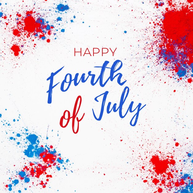 4th of july background with lettering and fireworks made with splashes of holi color
