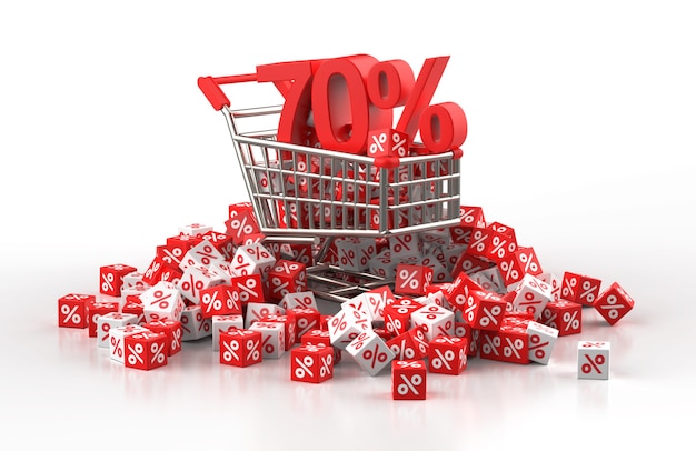 70 percent discount sale concept with trolley and a pile of red and white cube with percent in 3d illustration