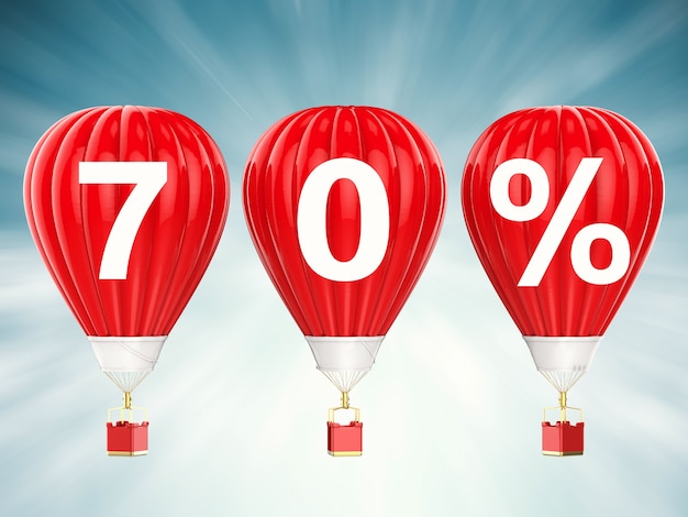 Знак распродажи 70% на 3d-рендеринге красных воздушных шаров