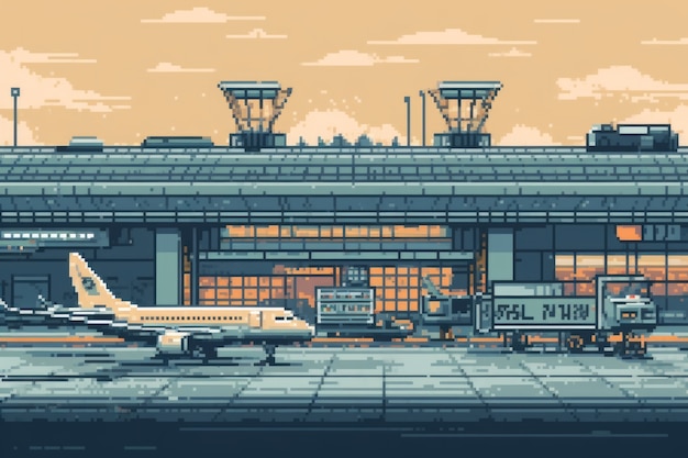 Scena con pixel grafici a 8 bit con aeroporto