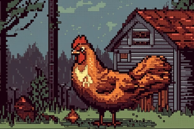 Free photo 8-bit graphics pixels scene with chicken