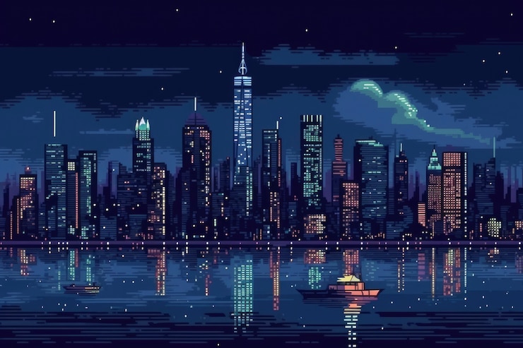 Free Photo 8-bit graphics pixels scene with city and night