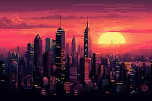 Free photo 8-bit graphics pixels scene with city at sunset