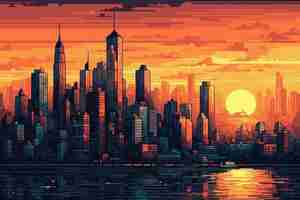 Free photo 8-bit graphics pixels scene with city at sunset