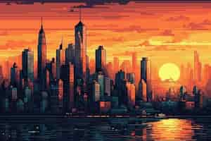 Free photo 8-bit graphics pixels scene with city at sunset