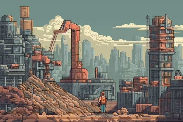 8-bit graphics pixels scene with factory